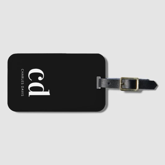 Étiquette À Bagage Noir blanc initiales monogramme élégant moderne (Devant Horizontal)