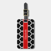Étiquette À Bagage Noir Blanc Marocain #5 Nom Monogramme Rouge (Devant Vertical)