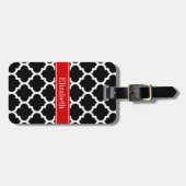 Étiquette À Bagage Noir Blanc Marocain #5 Nom Rouge Monogramme (Devant horizontal)