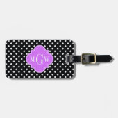 Étiquette À Bagage Noir Blanc Pois Lilac Quatrefoil 3 Monogramme (Devant horizontal)