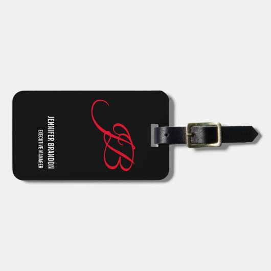 Étiquette À Bagage Noir blanc rouge écriture manuscrite Monogramme mi (Devant horizontal)