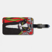 Étiquette À Bagage Noir Blanc Tuxedo Chat Fleurs de marguerite Rouge (Dos horizontal)