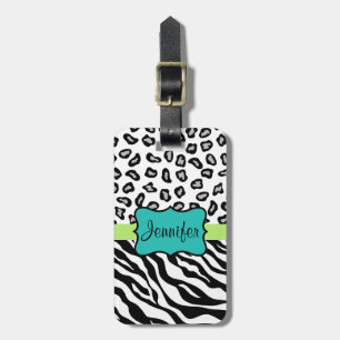 Étiquette À Bagage Noir Blanc Vert & Turquoise Zèbre & Cheetah Skin
