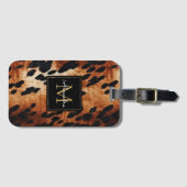 Étiquette À Bagage Noir Crème Brown Vachet Monogramme Or (Devant Horizontal)