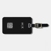 Étiquette À Bagage Noir et blanc avec code QR | Monogramme moderne (Devant horizontal)