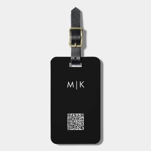 Étiquette À Bagage Noir et blanc avec code QR | Monogramme moderne (Devant Vertical)