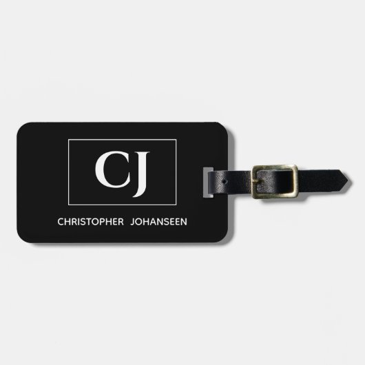 Étiquette À Bagage Noir et blanc Moderne simple simple Monogramme (Devant horizontal)