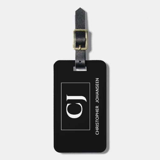 Étiquette À Bagage Noir et blanc Moderne simple simple Monogramme (Devant Vertical)