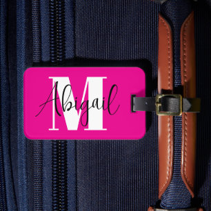 Étiquette À Bagage Noir et blanc Monogramme moderne rose chaud