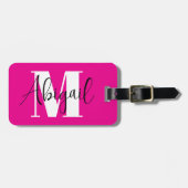 Étiquette À Bagage Noir et blanc Monogramme moderne rose chaud (Devant horizontal)