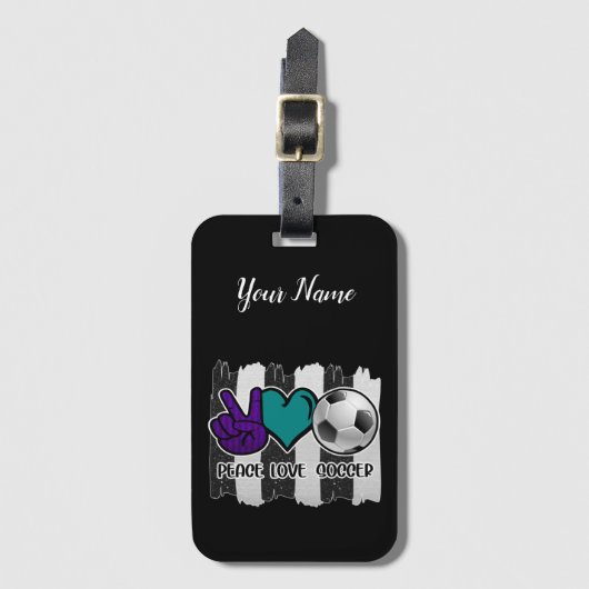 Étiquette À Bagage Noir et blanc Striped Peace Love Soccer (Devant Vertical)