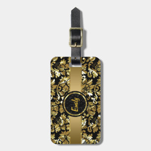 Étiquette À Bagage Noir Et Métallurgique Vintage Damas