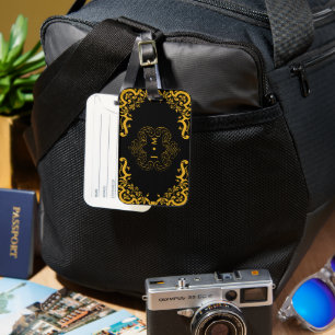 Étiquette À Bagage Noir et or avec éléments décoratifs