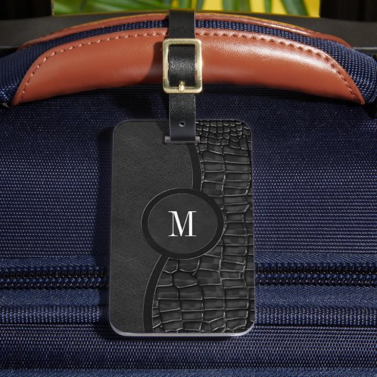 Étiquette À Bagage Noir Faux Alligator Cuir Peau Luxe Monogramme (Insitu Rectoal 2)