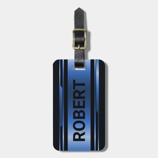 Étiquette À Bagage Noir & Métallurgique Bleu Géométrique Design Mascu (Devant Vertical)