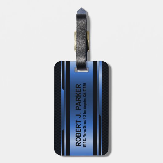 Étiquette À Bagage Noir & Métallurgique Bleu Géométrique Design Mascu (Dos Vertical)
