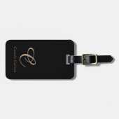 Étiquette À Bagage Noir moderne et or Rose Monogramme initial (Devant horizontal)