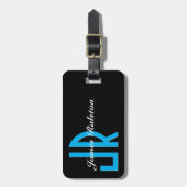 Étiquette À Bagage Noir, Monogramme bleu ciel, Personnaliser (Devant Vertical)