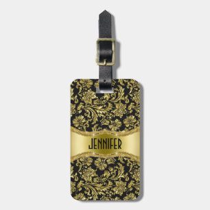Étiquette À Bagage Noir & Or Métallic Floral Damas Customisé