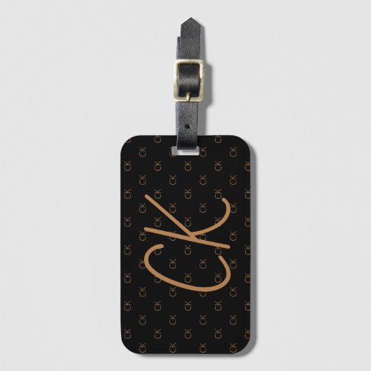 Étiquette À Bagage Noir or monogramme initiales script élégant (Devant Vertical)