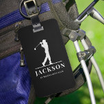 Étiquette À Bagage Noir Personnalisé Monogramme Golfer<br><div class="desc">Ce design est composé d'un golfeur qui balance un club et de deux champs de texte que vous pouvez utiliser pour le personnaliser - peut-être avec un nom et une équipe de golf ou un club.</div>