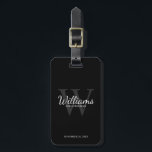 Étiquette À Bagage Noir Personnaliser le nom et le monogramme des Gro<br><div class="desc">Ajoutez une touche personnelle à votre mariage avec une étiquette de bagage personnalisée pour groomsmen. Cette étiquette de bagage comporte le nom du marionnettiste personnalisé en style de police de script classique blanc avec des détails mariages en style de police serif classique blanc et monogramme en style de police serif...</div>
