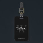 Étiquette À Bagage Noir Personnaliser le nom et le monogramme des Gro<br><div class="desc">Ajoutez une touche personnelle à votre mariage avec une étiquette de bagage personnalisée pour groomsmen. Cette étiquette de bagage comporte le nom du marionnettiste personnalisé en style de police de script classique blanc avec des détails mariages en style de police serif classique blanc et monogramme en style de police serif...</div>