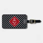 Étiquette À Bagage Noir Polka Pot Cranberry Quatrefos 3 Monogramme (Devant horizontal)