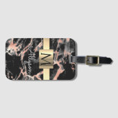 Étiquette À Bagage Noir & Rose Gold Marble Boîte, Nom & Monogramme (Devant Horizontal)