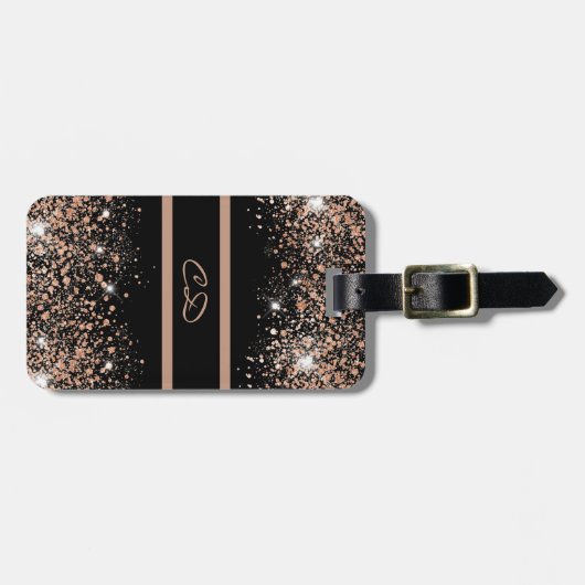 Étiquette À Bagage Noir rose or parties scintillant monogramme initia (Devant horizontal)