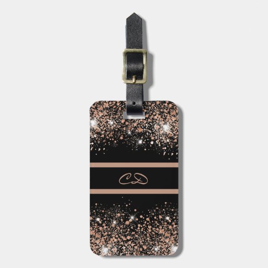 Étiquette À Bagage Noir rose or parties scintillant monogramme initia (Devant Vertical)
