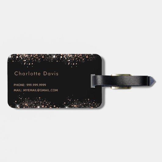 Étiquette À Bagage Noir rose or parties scintillant monogramme initia (Dos horizontal)