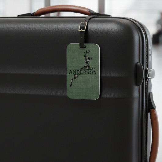 Étiquette À Bagage Noir Rustique Moderne Et Blanc Plaid Deer
