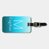 Étiquette À Bagage Noir simple au monogramme bleu de gradient d'Aqua (Devant horizontal)