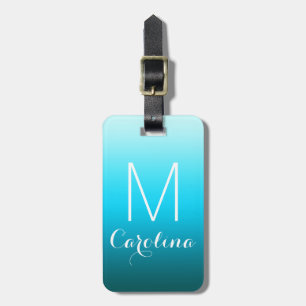 Étiquette À Bagage Noir simple au monogramme bleu de gradient d'Aqua