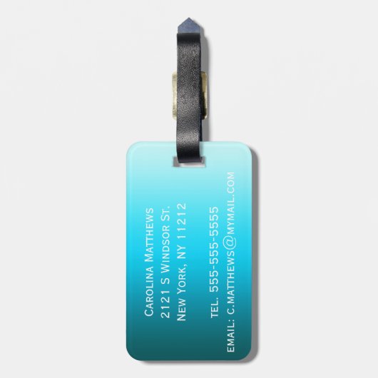 Étiquette À Bagage Noir simple au monogramme bleu de gradient d'Aqua (Dos Vertical)
