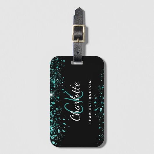 Étiquette À Bagage Noir turquoise vert parties scintillant monogramme (Devant Vertical)