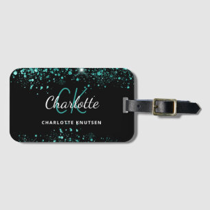 Étiquette À Bagage Noir turquoise vert parties scintillant monogramme