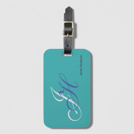 Étiquette À Bagage Nom bleu Monogramme Initiales Simple Plain (Devant Vertical)
