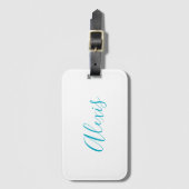 Étiquette À Bagage Nom Calligraphie Écriture Simple Clair Blanc Bleu (Devant Vertical)