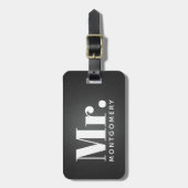 Étiquette À Bagage Nom de M. Black Leather Script Monogrammed (Devant Vertical)