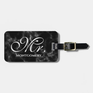 Étiquette À Bagage Nom de M. Black Marble Script Monogrammed