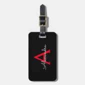 Étiquette À Bagage Nom de monogramme féminin de script noir rouge (Devant Vertical)