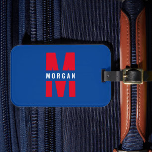 Étiquette À Bagage Nom de monogramme initial stylé amusant bleu blanc