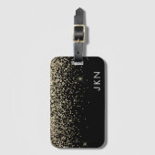 Étiquette À Bagage Nom de monogramme pailleté glitter girly noir or (Devant Vertical)