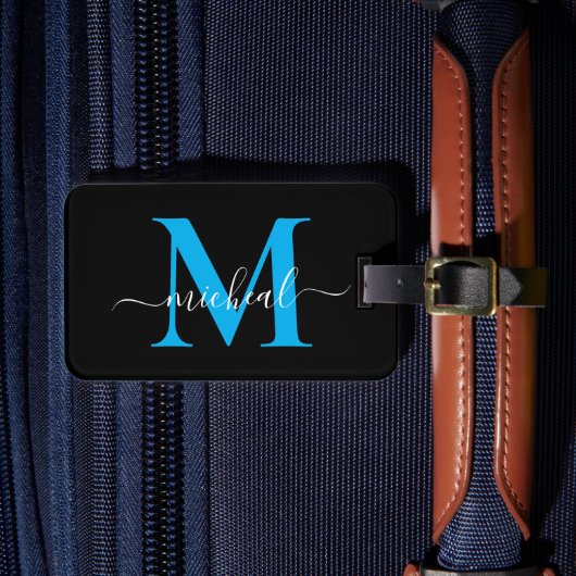 Étiquette À Bagage Nom de script de monogramme bleu ciel et noir mode (Insitu Rectoal 4)