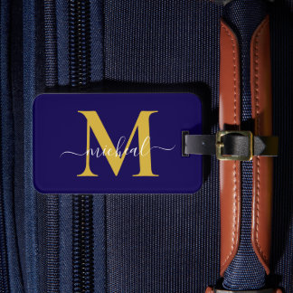 Étiquette À Bagage Nom de script de monogramme doré et bleu moderne