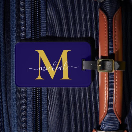 Étiquette À Bagage Nom de script de monogramme doré et bleu moderne (Insitu Rectoal 4)