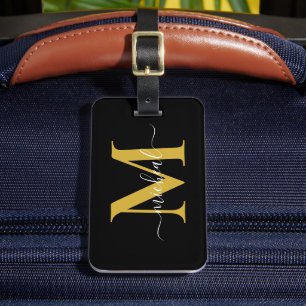 Étiquette À Bagage Nom de script de monogramme doré et noir moderne