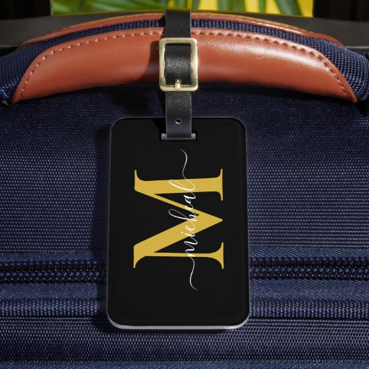 Étiquette À Bagage Nom de script de monogramme doré et noir moderne (Insitu Rectoal 2)
